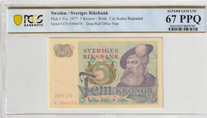 Sweden 1977 5 Kronor PCGS Banknote Superb Gem UNC 67 PPQ Pick 51c - Picture 1 of 2