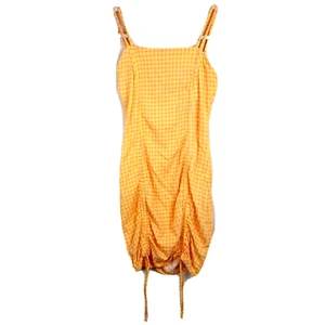 Y2K Gingham Plaid Double Adjustable Ruched Mini Dress Size XS Yellow Pink - Picture 1 of 13
