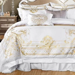 White Egyptian Cotton Bedding Set Chic Golden Embroidery Bed Sheet Duvet Covers - Picture 1 of 11