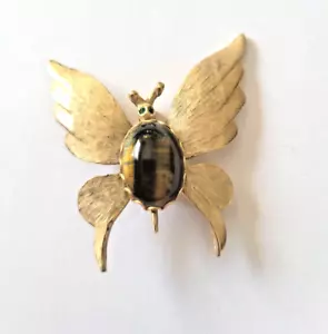 Vintage Tiger Eye Brooch Butterfly Gold Tone - Picture 1 of 5