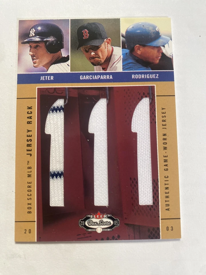 2003 Fleer Jeter / Garciaparra / Rodriguez Box Score Jersey Rack Relic SP #/197 - Image 1 of 3