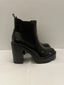 GBG GUESS Womens Size 6 Black Patent Leather Ankle Starly Pull On Boots - Picture 1 of 9