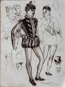 Drawing Antique Feather Portrait D' Man Page Fashion Costume St.Deveria Alf. Of - Picture 1 of 12