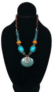 New Handmade Boho Chic Green, Brown & Black Bead Necklace w/ Statement Pendant - Picture 1 of 2
