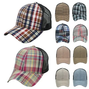 Baseball Cap Mesh Trucker Snapback Fashion Casual Plaid Check Adjustable Hats - Picture 1 of 41