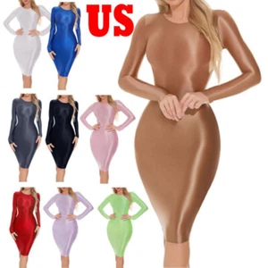 Mujeres Vestido Lápiz Manga Larga Brillante al Aceite Elástico Tubo Vestido Bodycon Envoltura de Cadera - Imagen 1 de 85
