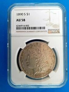 1890 S Morgan Silver Dollar AU58 NGC - Picture 1 of 8
