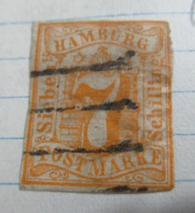 1859 Old Antique Stamp, HAMBURG, 7 SCHILLING, SC#6 - Picture 1 of 2