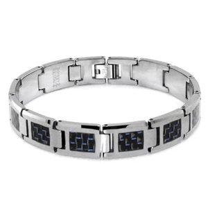 Pulsera de eslabones para hombre con incrustaciones de fibra de carbono azul carburo de tungsteno 8,5" - Imagen 1 de 4