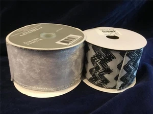 NEW 2.5 WIRED EDGE RIBBON LOT OF 2 BLACK WHITE ZIG ZAG SILVER Halloween holiday - Picture 1 of 8