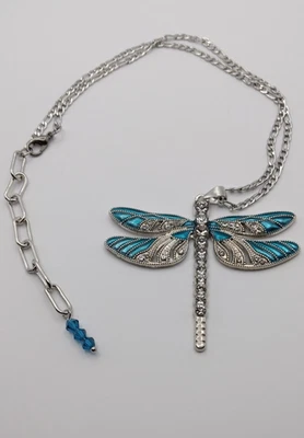 Teal Enameled Rhinestone Dragonfly Pendant necklace Adjustable to 18 1/2" USA - Image 1 of 4