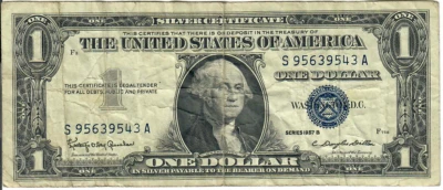 1957B 1$ Silver Certificate - Blue Seal, Motto - KOG/CDD S95639543A - #13500 - Image 1 of 2