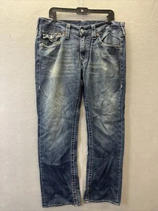 True Religion Jeans Mens 38 Blue Straight Flap Pockets Faded Grunge Ripped Denim - Picture 1 of 10