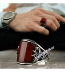 Solid 925 Sterling Silver Turkish Handmade Jewelry Red Agate Men's Ring All Size