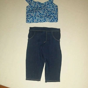 Hose für 18 Zoll Puppen handgefertigt. Blaue Jeans und blau bedrucktes Oberteil. Neu - Bild 1 von 1