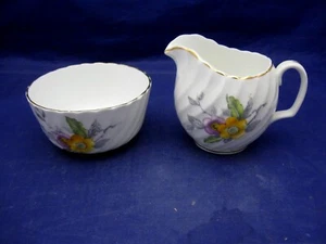 ANTIQUE BONE CHINA CREAMER & SUGAR BOWL - ENGLAND - YELLOW & LAVENDER FLOWERS - Picture 1 of 8