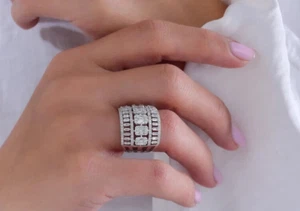 Unique Half Eternity Baguette & Round Simulated Sapphire Wide Luxury Women Ring - Picture 1 of 7