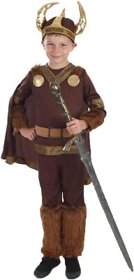 Boys Viking Costume Horned Helmet M-XL Kids Norse Warrior Halloween Fancy Dress - Image 1 of 4