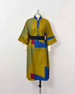 1980s Catherine Ogust Blue Green Square Geometric Print Cotton Tunic Shirt Dress - Picture 1 of 24