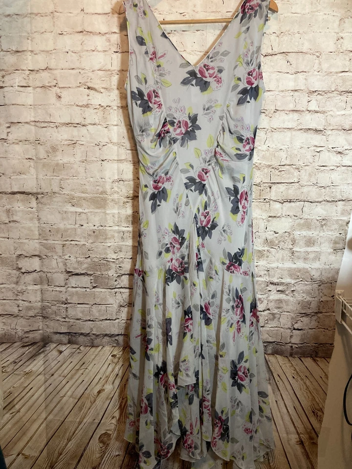 Jones NY Silk Dress Womens 16 Gray Floral Asymmetric Ruffle Hem Fairy Feminine - Image 1 of 4