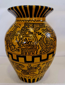 Keith Haring painted on handmade terracotta pitcher - 9.8in H x 6.29in L -Signed