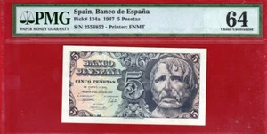 5 Pesetas, 1947, No Serial, Certificado PMG 64, SPAIN - Picture 1 of 2