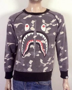 EUC A Bathing Ape BAPE Crew Sweatshirt Gray Camo Shark Camouflage Hip Hop Rap S - Picture 1 of 5