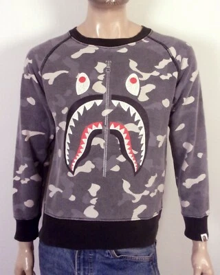 Usada en Excelente Condición A Bathing Ape BAPE Crew Sudadera Gris Camuflaje Tiburón Hip Hop Rap S Foto 1 de 4