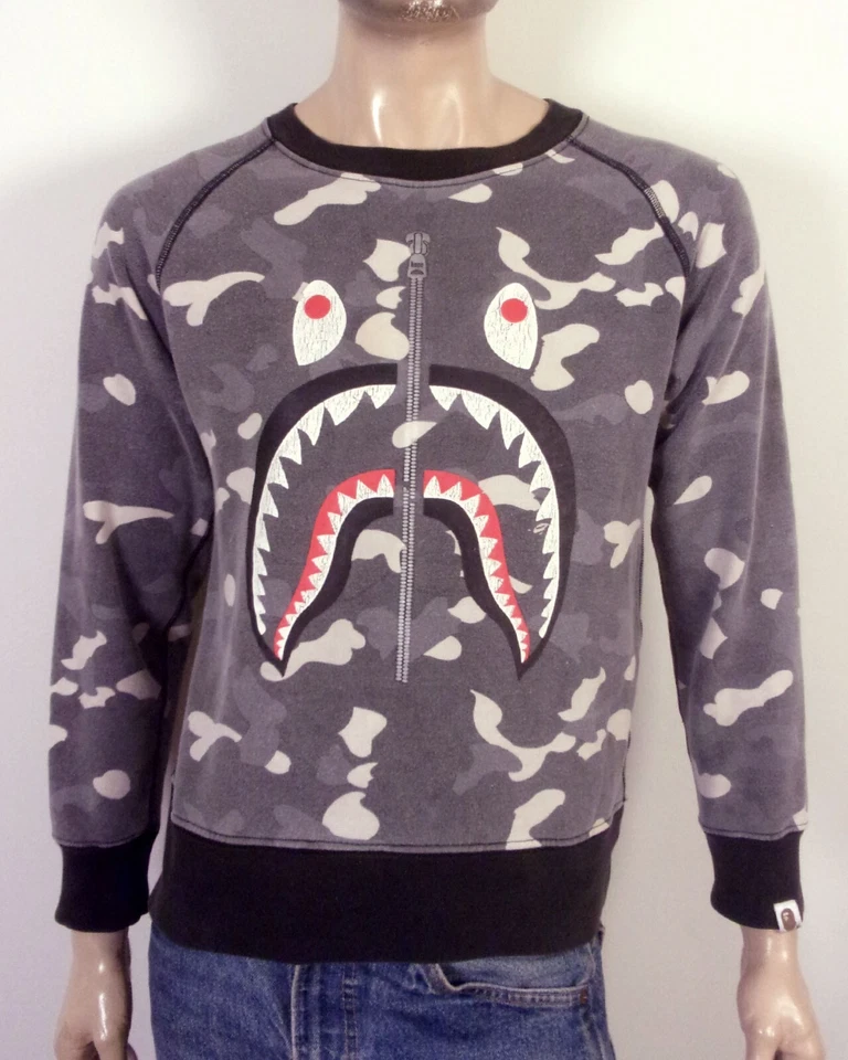 EUC A Bathing Ape BAPE Crew Sweatshirt Gray Camo Shark Camouflage Hip Hop Rap S - Image 1 of 4