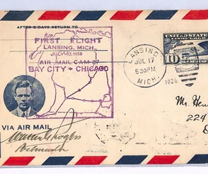 USA Air Mail *Signed* Cover LINDGERGH 1928 FIRST FLIGHT Chicago-Bay City XF97 - Picture 1 of 10