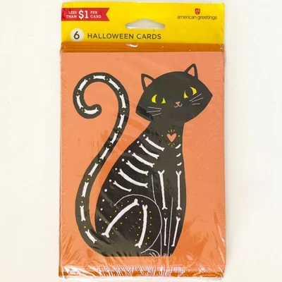 American Greetings ~ PAQUETE DE 6 TARJETAS DE HALLOWEEN FELICES NIÑOS ~ Gato Negro Esqueleto Gatito Foto 1 de 3