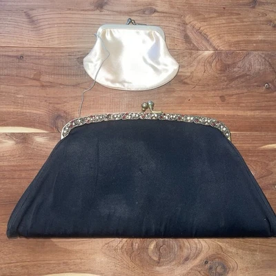 VTG 60s HL USA Handbag Purse Clutch Black Satin Evening Party Bag Snap Coin - Image 1 of 4