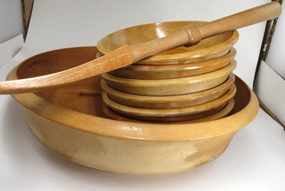 Juego de ensalada de madera de pájaro carpintero tazón grande con ensaladeras y tenedor de colección Foto 1 de 4