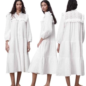 Zara weiß 100% dick Baumwolle Gaze Ösen Spitze Bauern Maxikleid Kleid Morgenmantel Gr. M - Bild 1 von 14
