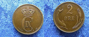1891 Denmark 2 Ore-Dolphin/Wheat -Nice - Picture 1 of 1