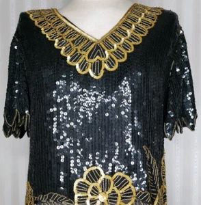 Vintage Tan Chho Sz S Silk Beaded Sequin Blouse Evening Top Black Gold S/S EUC - Picture 1 of 7