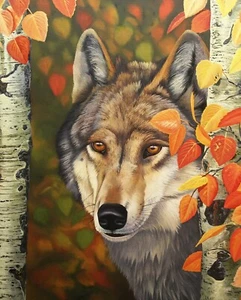 35" Fabric Panel | David Textiles Digital Fall Colors Leaves & Wolf Scene - Picture 1 of 1