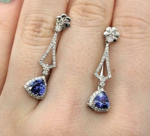 2Ct Trillion Cut Tanzanite Halo Drop Dangle Women Earrings 14K White Gold Plated - Picture 1 of 11