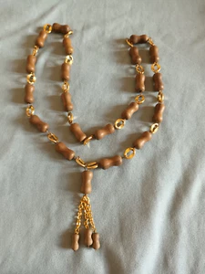 Brown Wood Bead on Orange Gold Tone Chain Necklace Unknown Vintage - 36" long - Picture 1 of 3