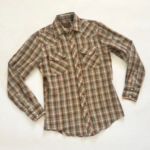 Camicia da cowboy vintage BR-J Western marrone a quadri con perle a scatto coda lunga - Foto 1 di 8