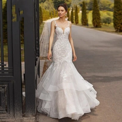 Elegant Mermaid Wedding Dress Spaghetti Straps Ruffles Lace Applique Bridal Gown - Image 1 of 4