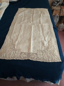 Vintage Filet Crochet w/ Linen middle Large Buffet Doily Ivory Stains 49" X 25" - Picture 1 of 13