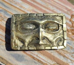 Large Vintage Brass Brutalist Columbian Aztec Face Belt Buckle 3.5 x 2.5" - Picture 1 of 16