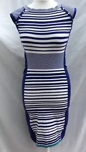 KAREN MILLEN BODYCON STRIPE DRESS BLUE WHITE KNIT STRETCH SHORT SIZE 2 UK 10 - Picture 1 of 12