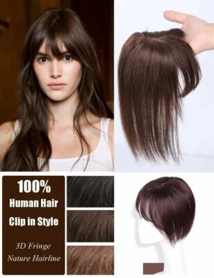 Clip de cabello humano 100 % Remy en topper con flequillo plano 3D cubierta pérdida de cabello Foto 1 de 4