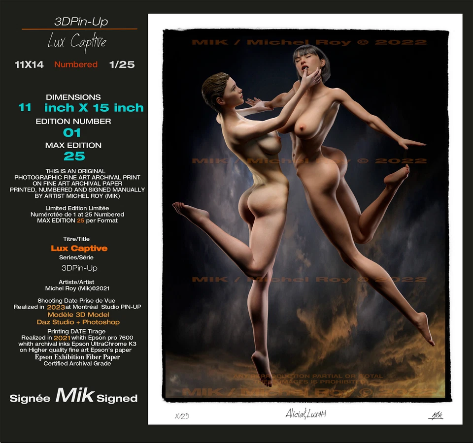 Fine Art Nude Photo "Alicia&Lux#1" 11x14 Sign Mik &Num 1/25 3D Glam Girl 3DModel — 第 1/4 张图片