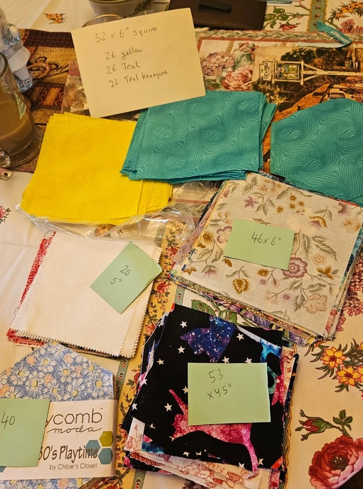 Lot Of 268 Cotton Quilting Squares & Hexagons Moda Etc Various Sizes & Patterns  - Image 1 of 4