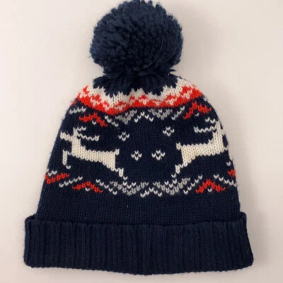 Reno Azul Oscuro Tejido Clásico Suéter Patrón Invierno Pom Pom Sombrero Foto 1 de 4