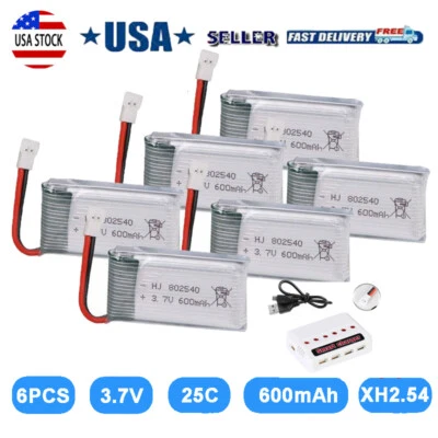 6X 3.7V 600mAh 25C Lipo battery XH2.54 Plug USB Charger For RC Quadcopter Drone - Image 1 of 4