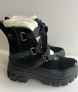 New Sorel TIVOLI V Resort Women Waterproof Boots Ribbon Laced Black White Sz 8 - Picture 1 of 11